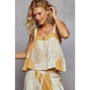 "Rayna" Double Gauze Patchwork Top Ivory Honey